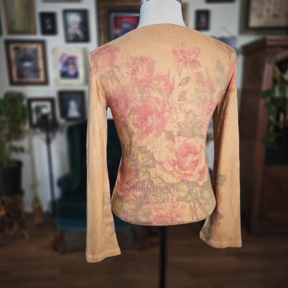 213 Floral Long Sleeve Top Tan Pink Rhinestone Vintage Y2K‎ Fairycore Grunge S
